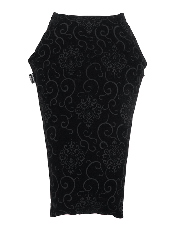 Gothic coffin-shaped cushion in elegant black fabric with intricate lace pattern for unique home decor.