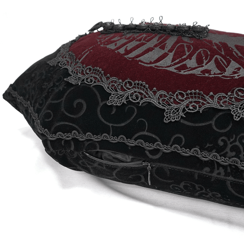 Gothic coffin-shaped cushion featuring elegant T-lace trim and rich black fabric design.