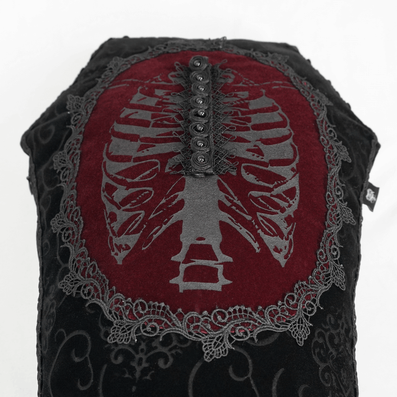 Gothic coffin-shaped cushion with elegant red and black design featuring intricate lace and button details.