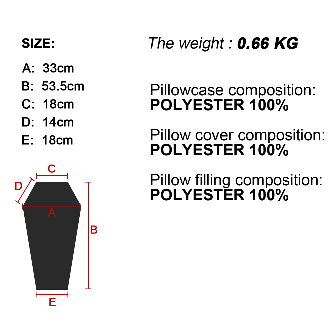 Dimensions and composition details of a gothic coffin-shaped cushion, featuring 100% polyester materials.