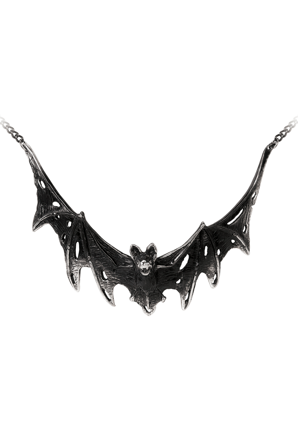 Gothic dark pewter bat pendant necklace with tattered wings, inspired by literary legends and stormy nights.