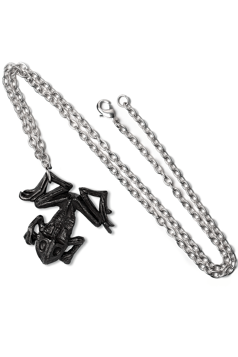 Gothic Dead Frog Talisman Pendant with pewter chain, inspired by folklore and designed for witches and magic practitioners.