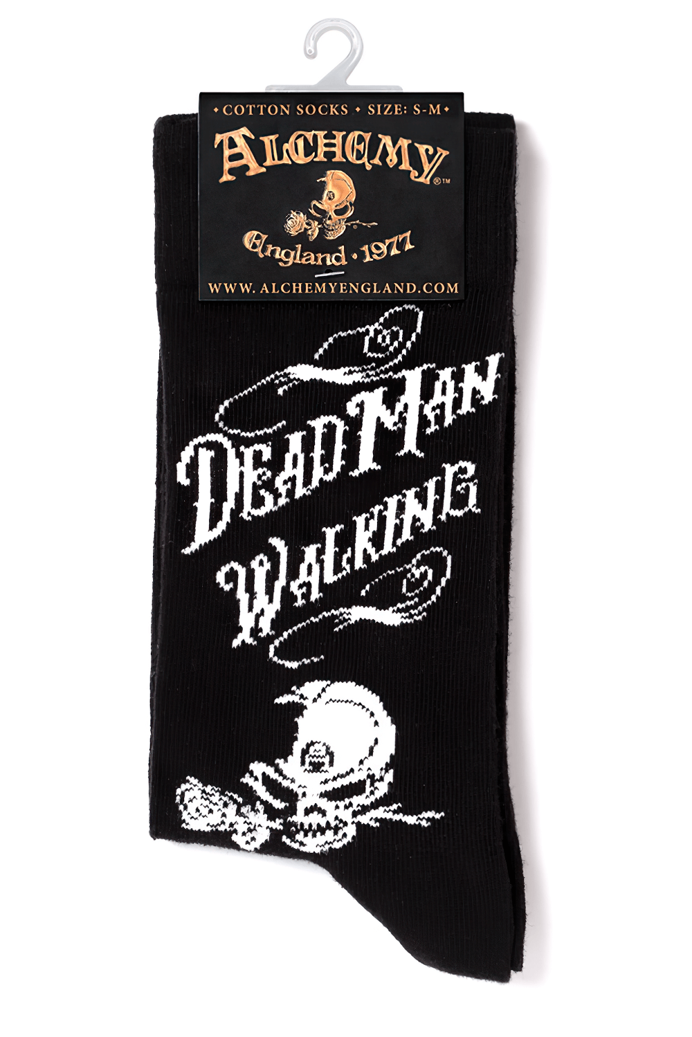 Gothic Dead Man Walking socks featuring a skull and bold slogan, perfect for alternative fashion.