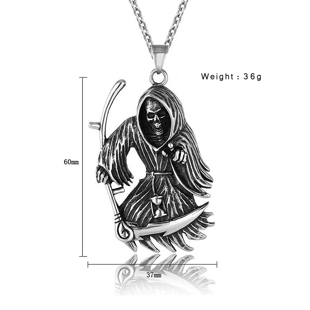 Gothic Death Scythe Skull Pendant Necklace in stainless steel, showcasing a grim reaper design for punk fashion lovers.