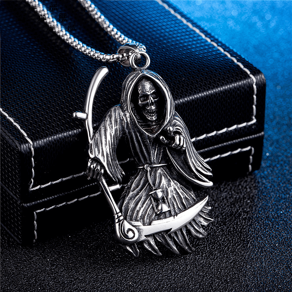 Gothic scythe skull pendant necklace with chain, perfect for punk fashion lovers, made of durable stainless steel.