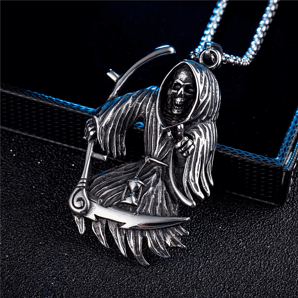 Gothic death scythe skull pendant necklace in stainless steel, perfect for punk fashion lovers.
