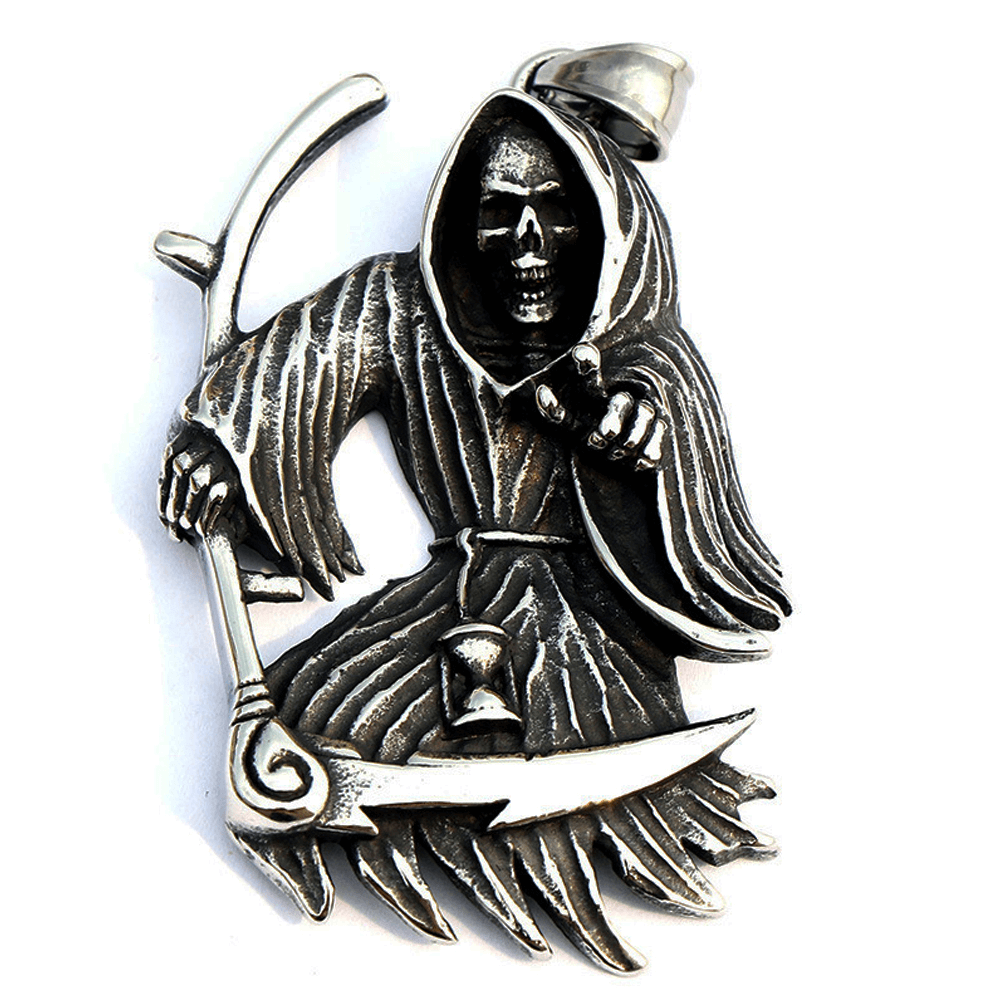 Gothic Death Scythe Skull Pendant Necklace in stainless steel, perfect for punk fashion enthusiasts.