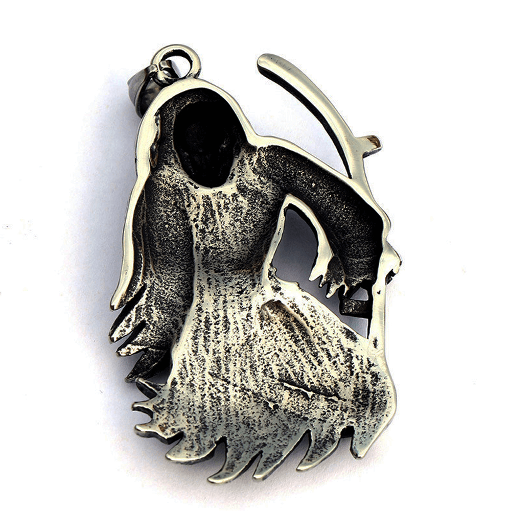 Gothic Death Scythe Skull Necklace Pendant in stainless steel, showcasing a detailed Grim Reaper design for punk fashion.