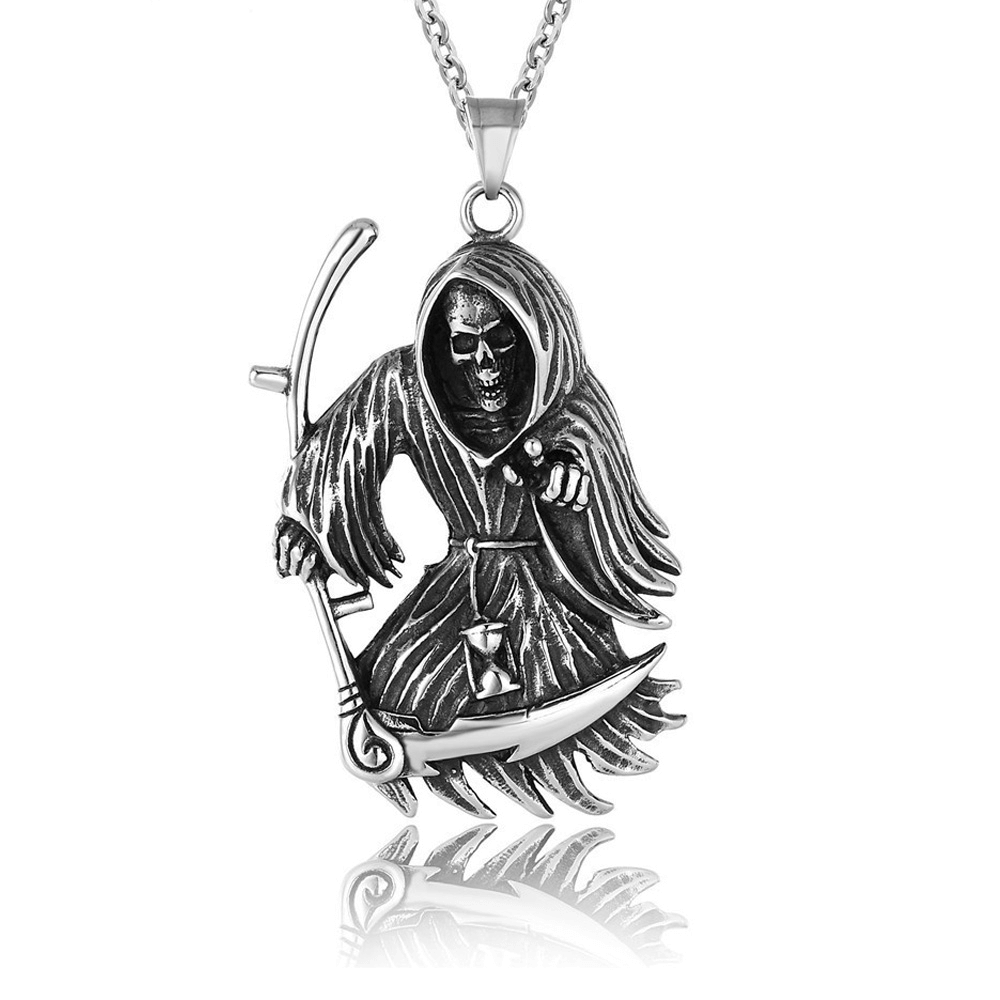 Gothic death scythe skull necklace pendant in stainless steel, perfect for punk fashion lovers.