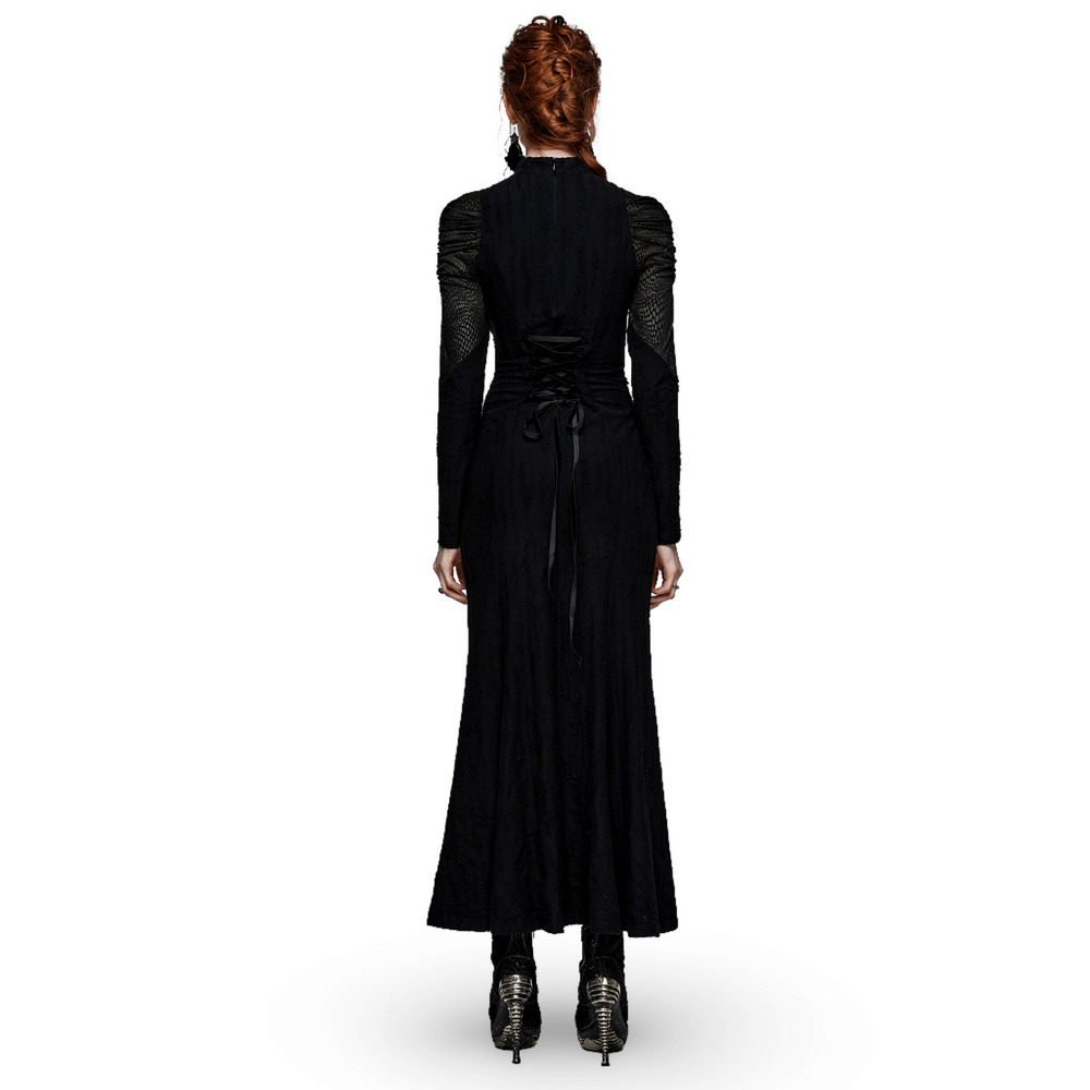 Back view of Gothic Decadence Lace-Up Mesh Dress for Women featuring pleated sleeves and elegant lace-up details.