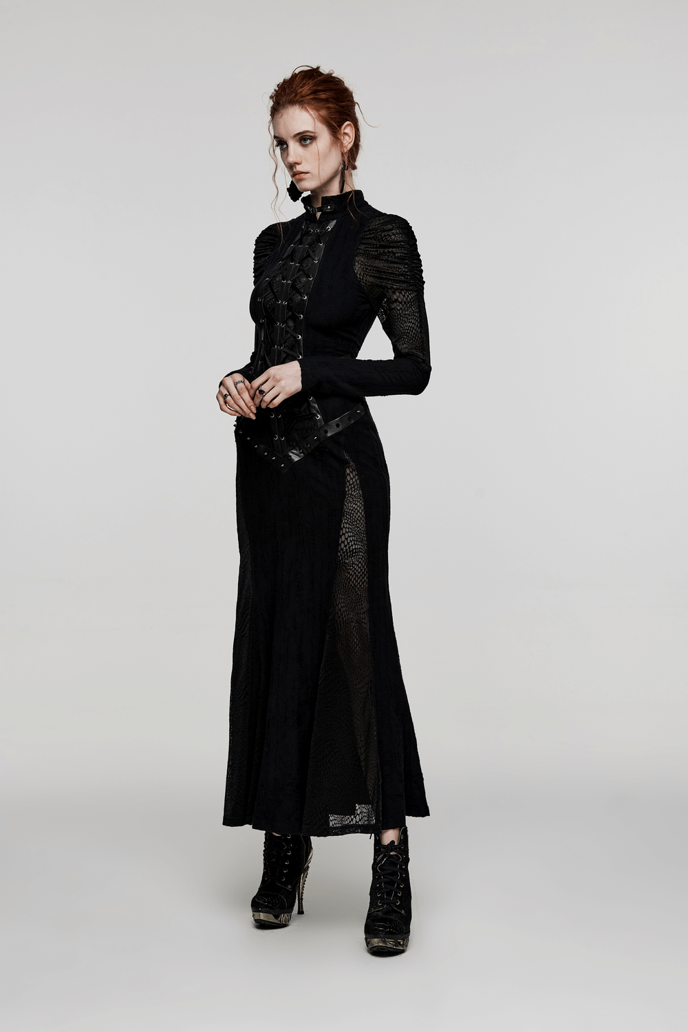 Gothic Decadence Lace-Up Mesh Dress with pleated sleeves and edgy design for women, perfect for a gothic look.