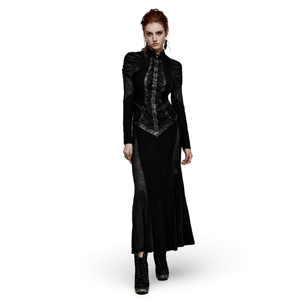 Gothic Decadence Lace-Up Mesh Dress for Women featuring pleated sleeves and edgy detailing.