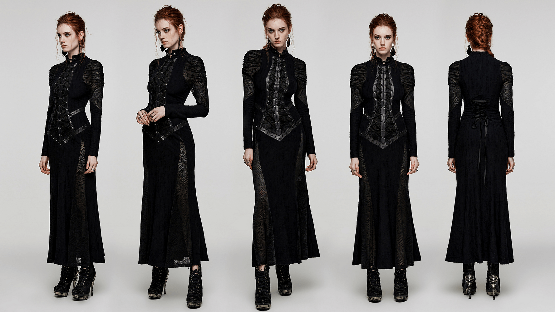 Gothic Decadence Lace-Up Mesh Dress showcasing pleated sleeves and edgy details, perfect for a gothic look.
