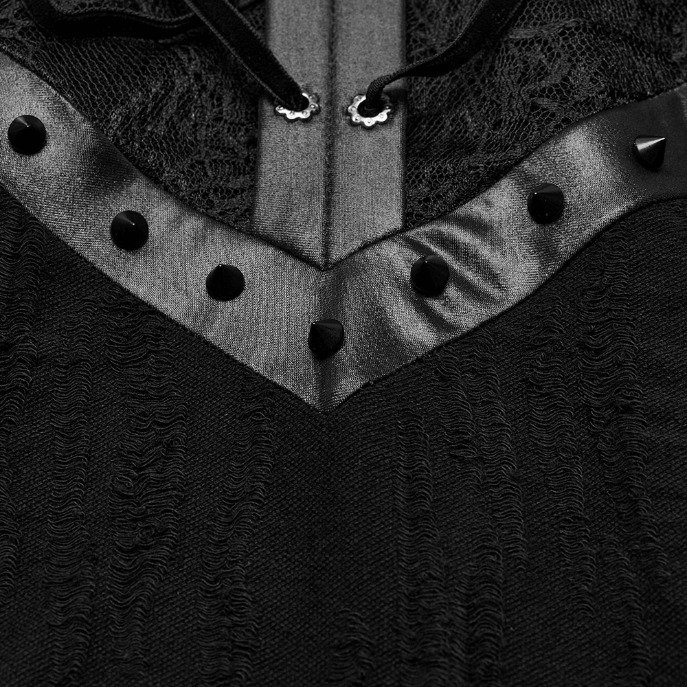 Close-up of the Gothic Decadence Lace-Up Dress showing pleated sleeves and edgy black studs detail.