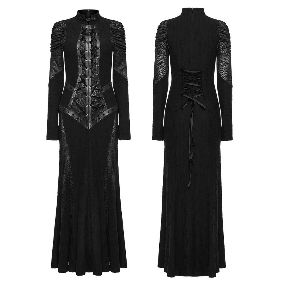 Gothic Decadence Lace-Up Mesh Dress for women featuring pleated sleeves and edgy design.