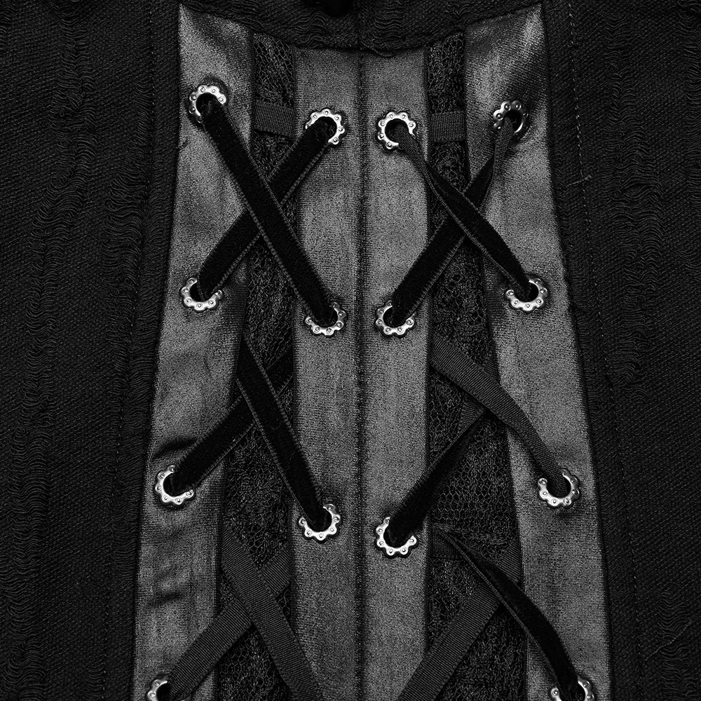 Close-up of Gothic Lace-Up detail with faux leather loops on a black mesh dress.