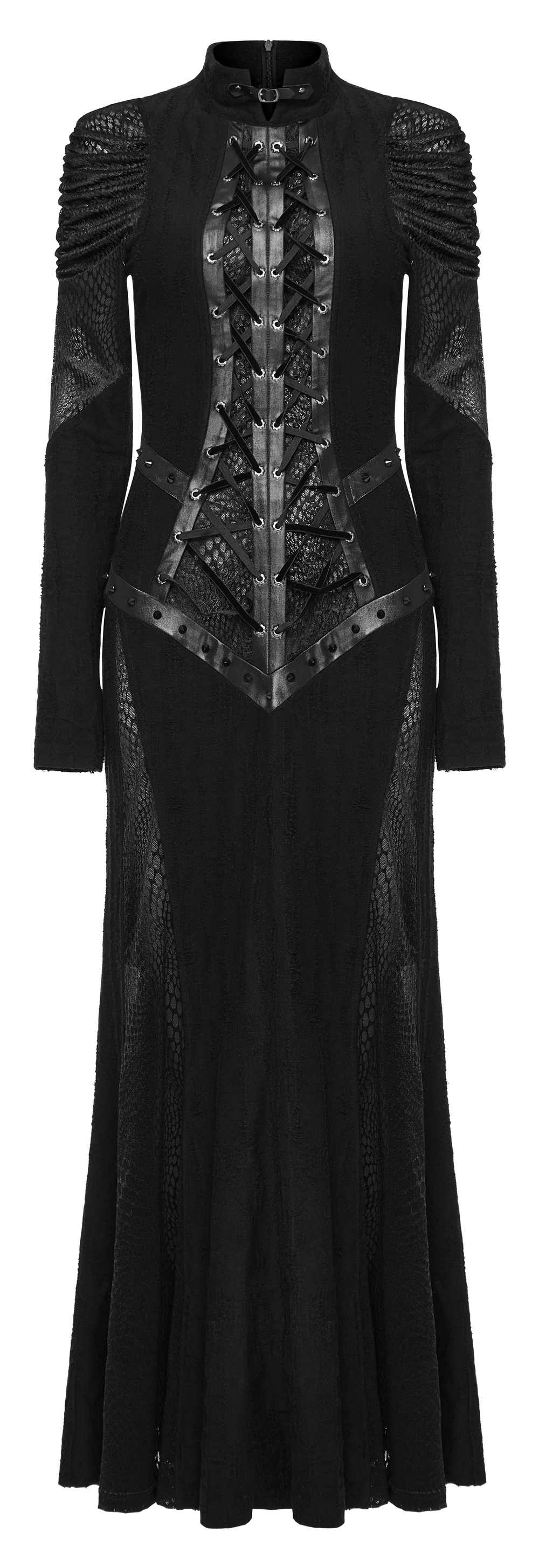 Gothic Decadence Lace-Up Mesh Dress featuring pleated sleeves and faux leather accents for a striking look.