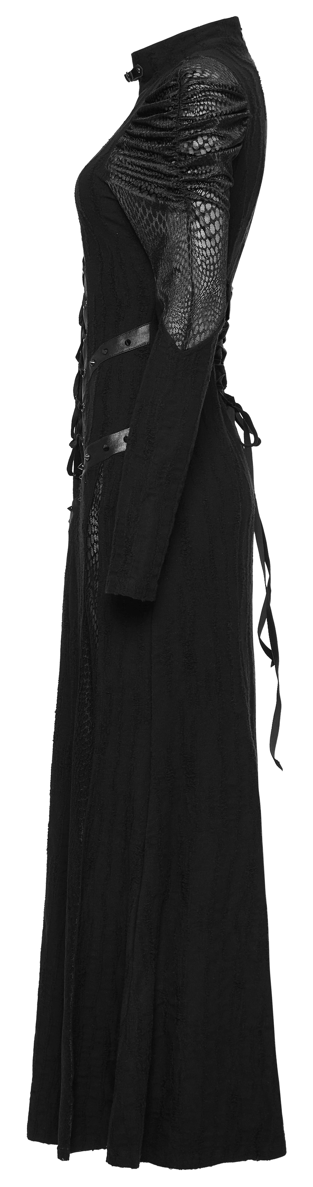 Gothic Decadence Lace-Up Mesh Dress with pleated sleeves and edgy design details, perfect for a gothic-inspired look.