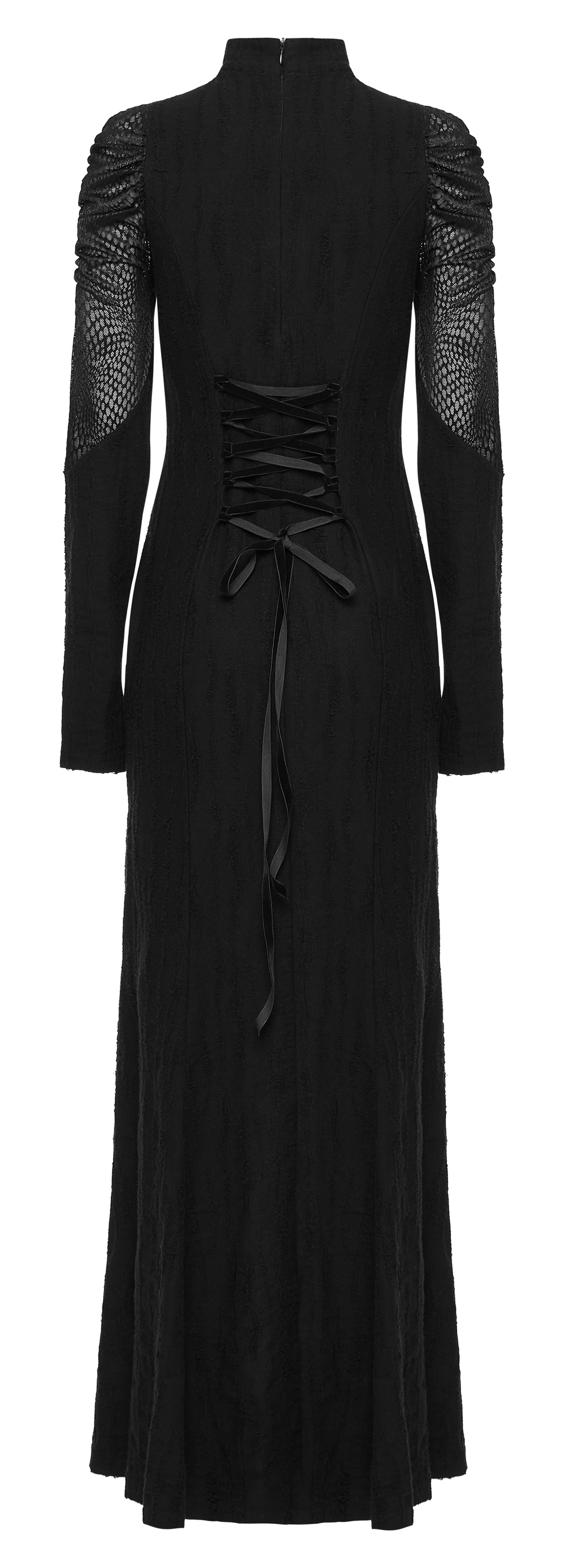 Back view of Gothic Decadence Lace-Up Mesh Dress featuring pleated sleeves and stylish snake texture mesh.