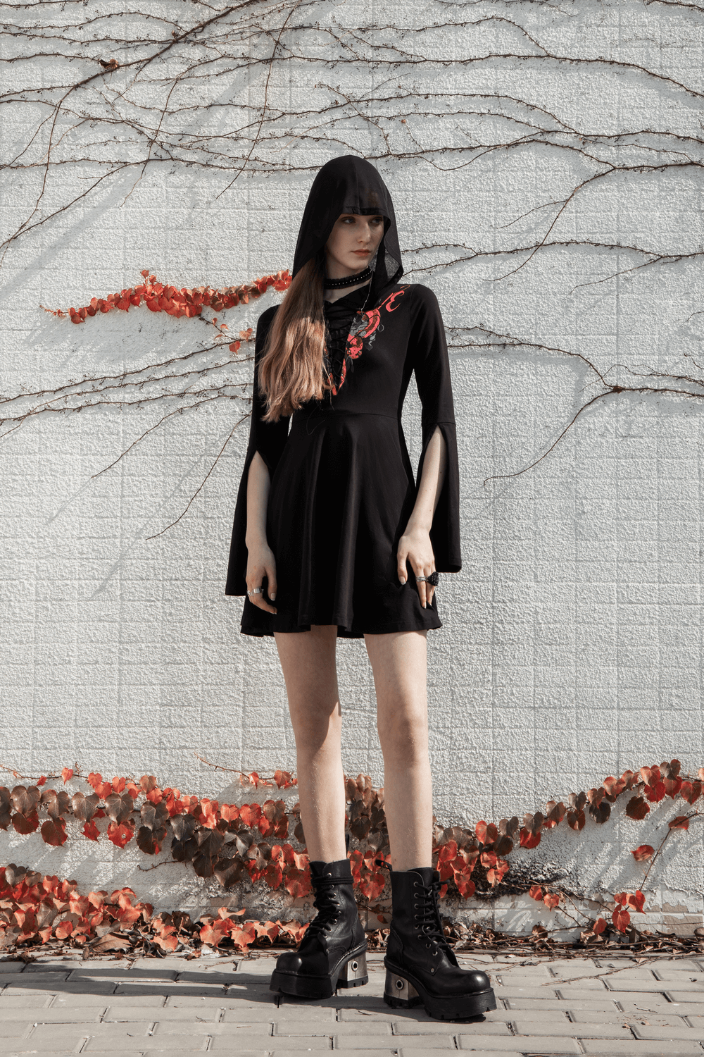 Gothic Deep V-Neck Dress with Poppy and Snake Print