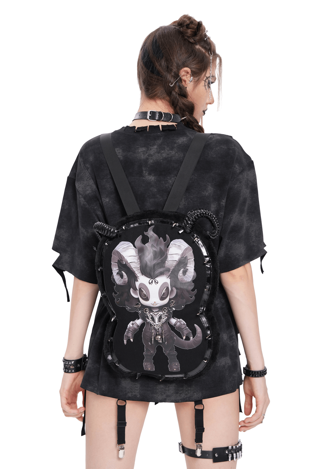 Gothic Demon Character Backpack with Horns and Spikes showcased on a model in alternative fashion.