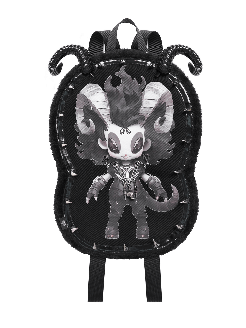 Gothic Demon Character Backpack with Horns and Spikes featuring plush black fabric and metallic spikes.
