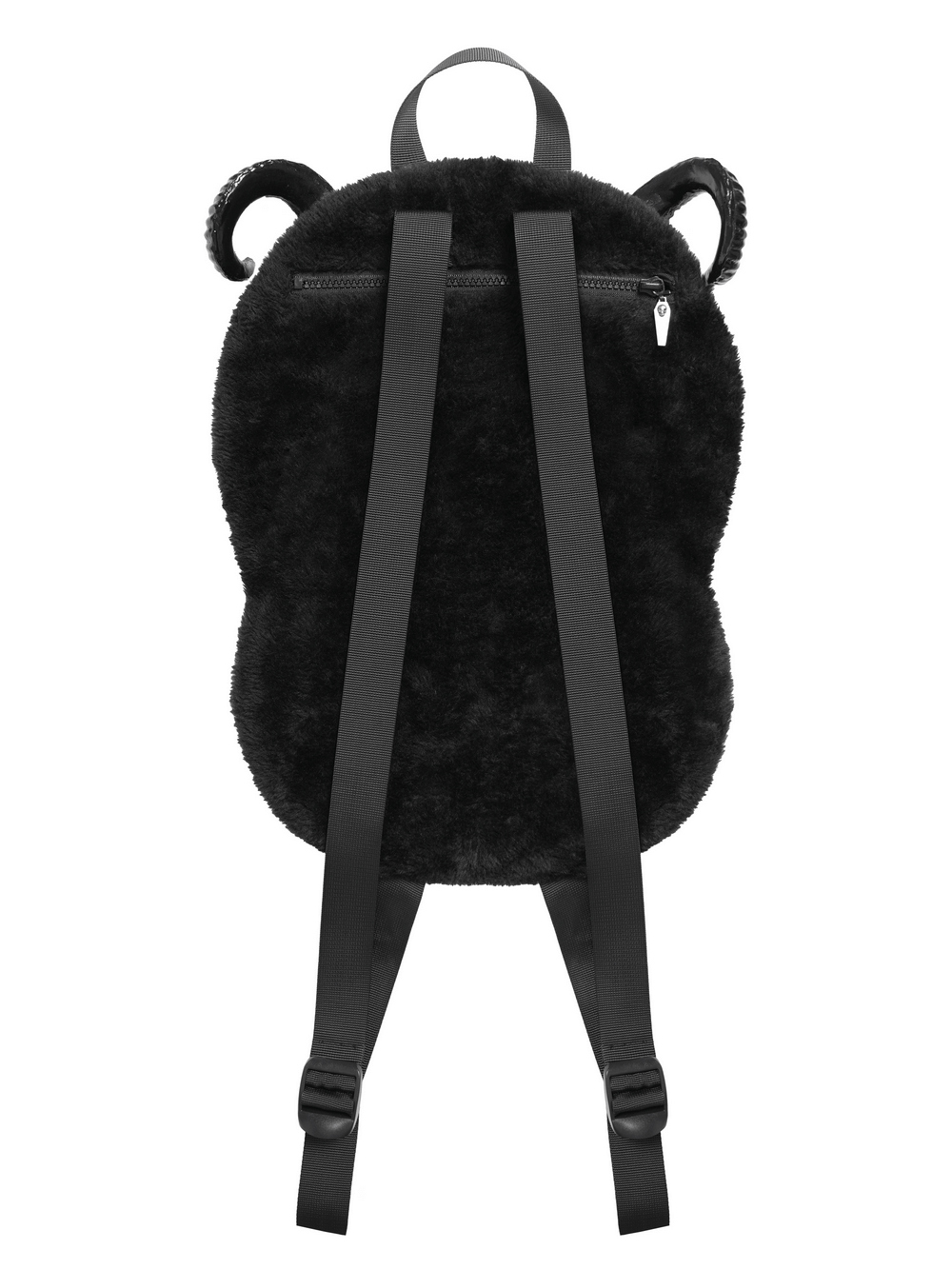 Back view of the Gothic Demon Character Backpack with Horns and Spikes showcasing plush black fabric and adjustable straps.
