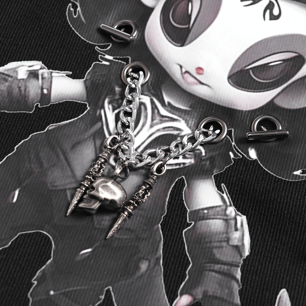 Gothic Demon Character Backpack with Horns and Spikes featuring edgy chain and skull details.