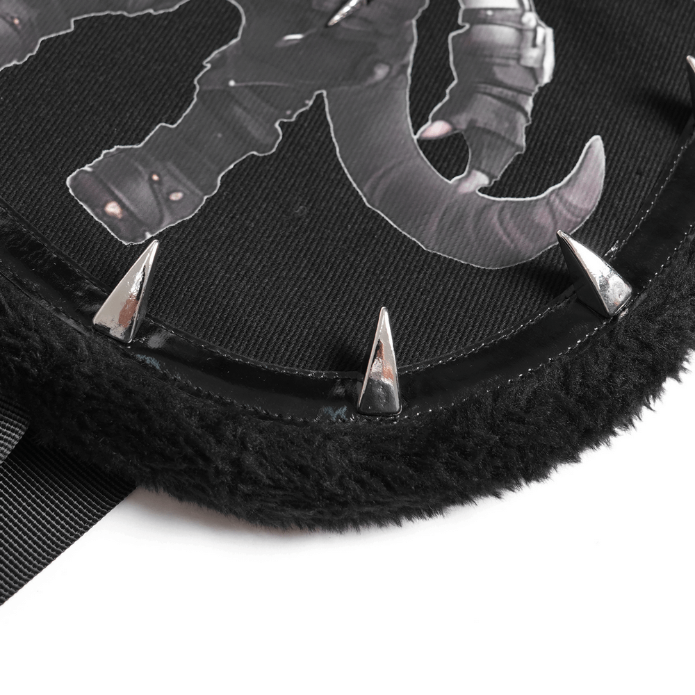 Gothic Demon Character Backpack with Horns and Spikes featuring plush fabric and metallic spikes detail.