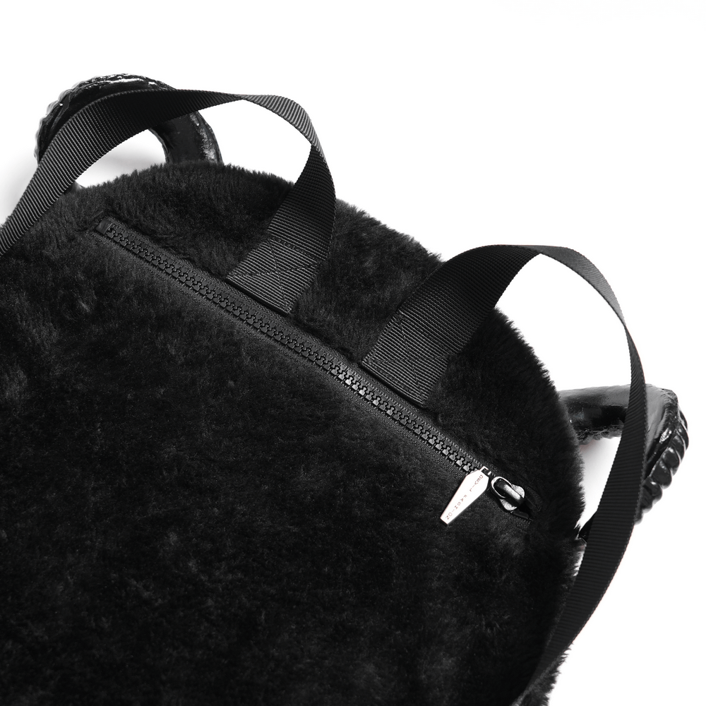 Gothic Demon Character Backpack with Horns and Spikes interior showing plush fabric and zippered compartment