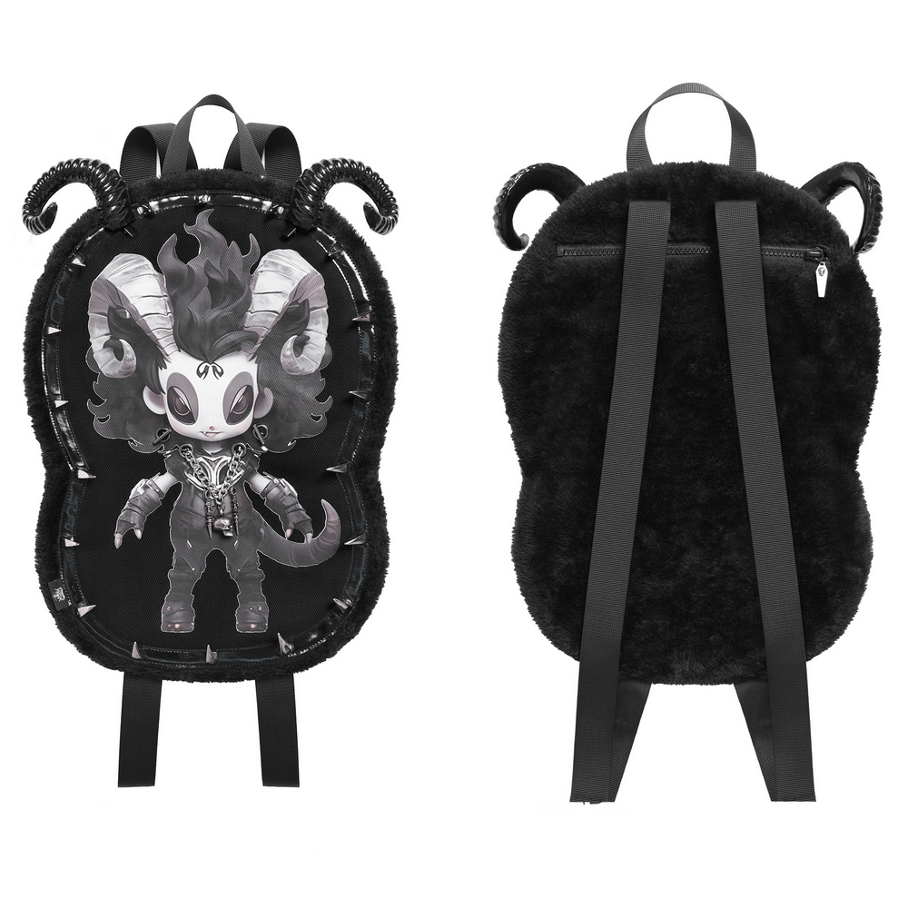 Gothic Demon Character Backpack with Horns and Spikes featuring plush design, spikes, and horns on a black bag.