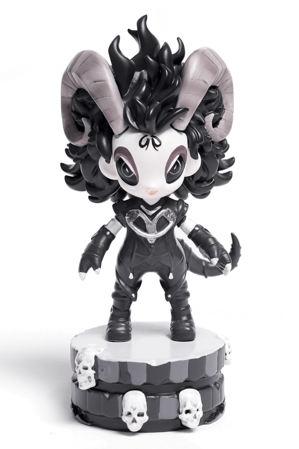 Gothic demon figure with horns, skull base, and stylish details, perfect for collectors and dark aesthetic lovers.