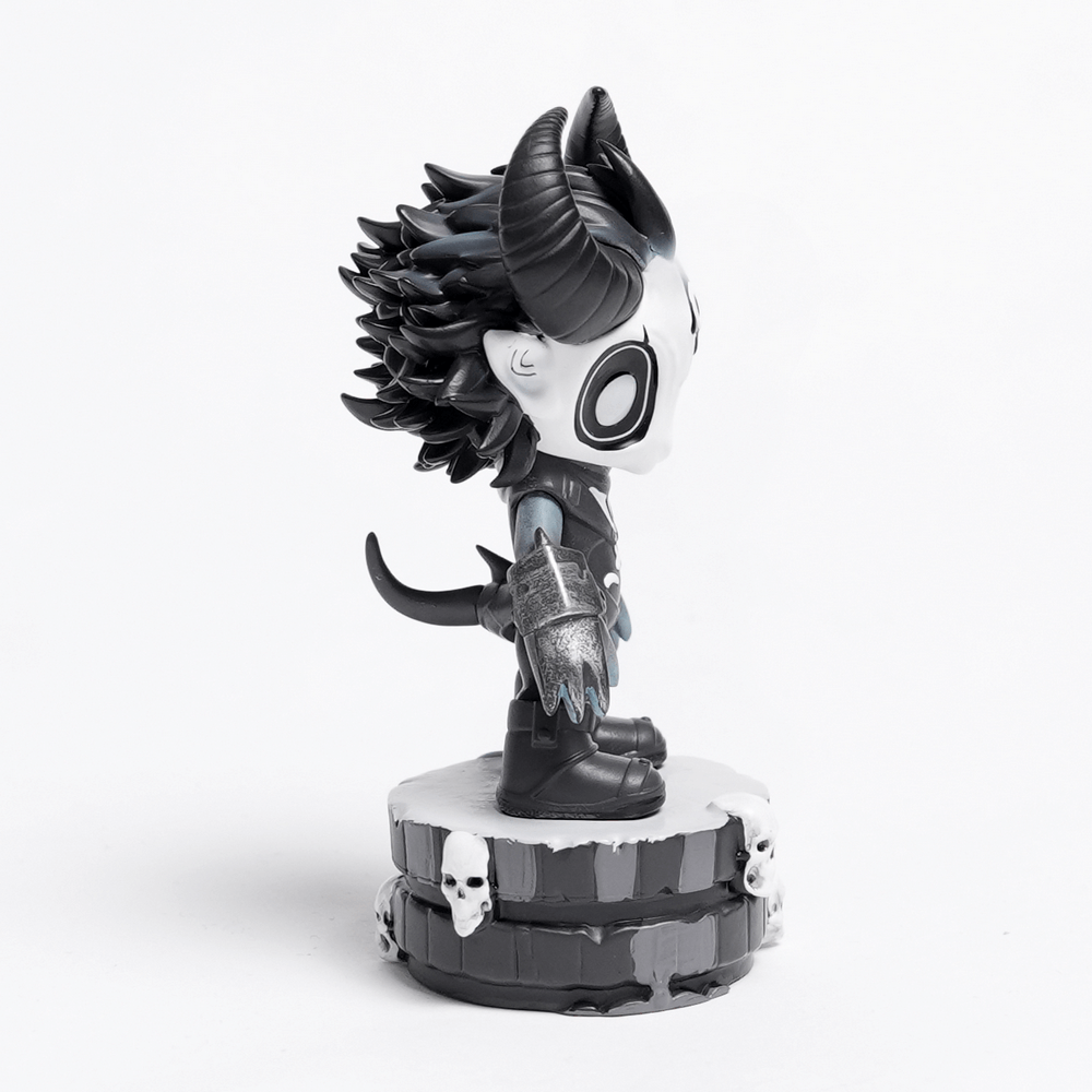 Gothic demon figure collectible with horns and skull base, perfect for fans of dark fantasy and unique decor.