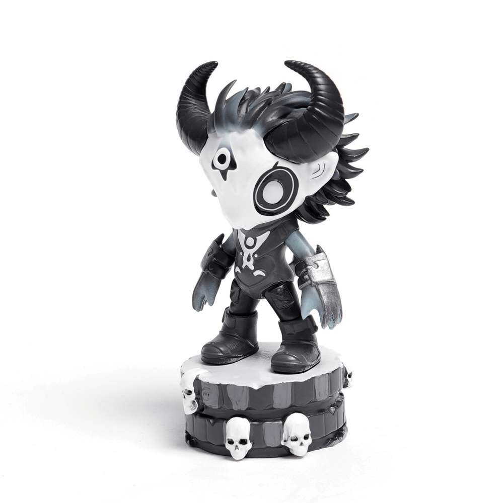Gothic demon figure with horns and skull base, perfect for collectors and spooky decor.