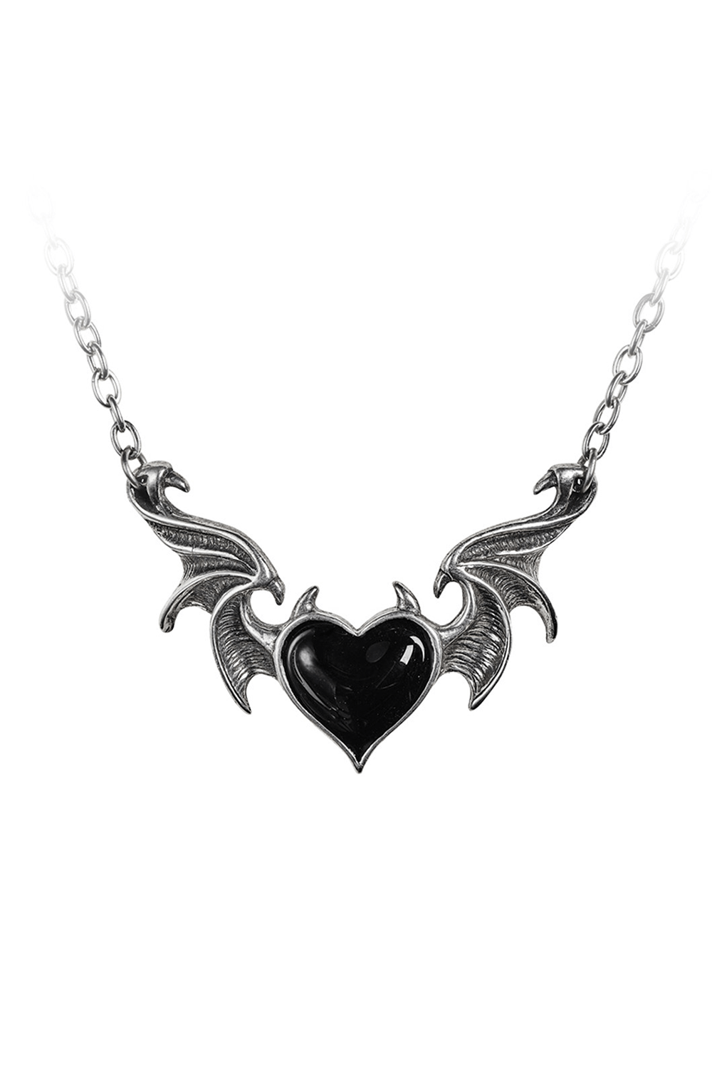 Gothic demon heart necklace with black enamel wings and dark pewter pendant on chain.
