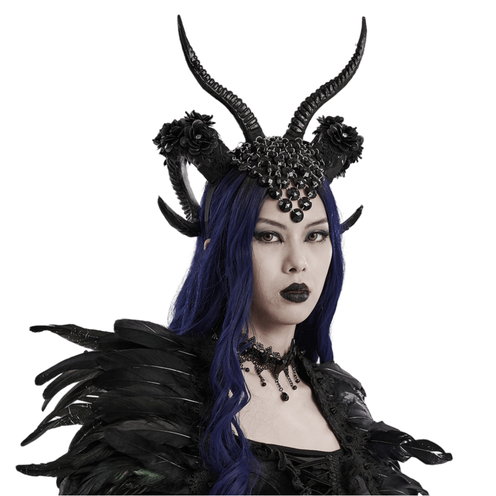 Gothic demon horn headwear adorned with glitter flowers, perfect for dark glamour and cosplay.