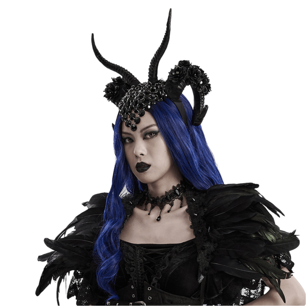 Gothic demon horn headwear with glitter flowers, perfect for cosplay and dark glamour.