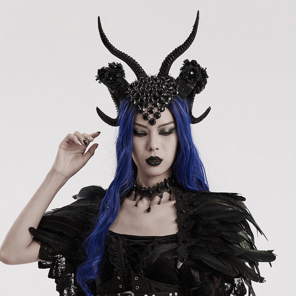 Gothic demon horn headwear with glitter flowers, perfect for cosplay and dark elegance.