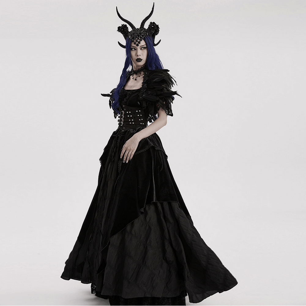 Gothic demon horn headwear with glitter flowers, perfect for dark glamour and cosplay, worn by a model in black dress.
