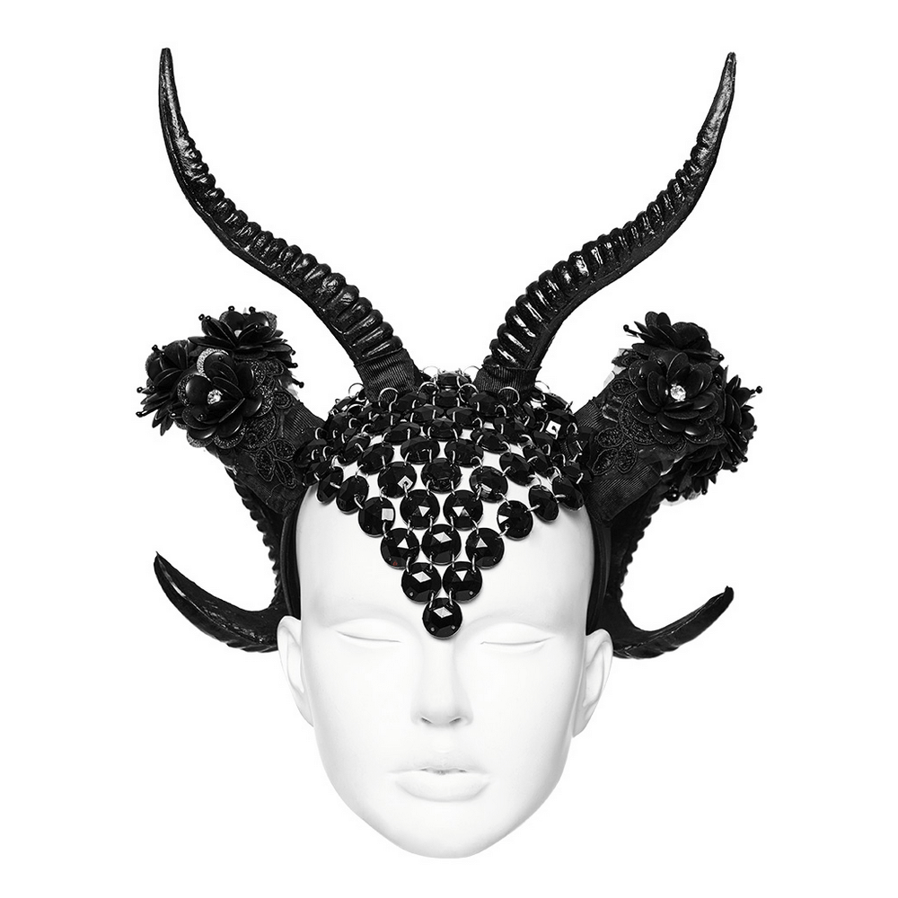 Gothic demon horn headwear with glitter flowers on a mannequin, perfect for cosplay or dark glamour.