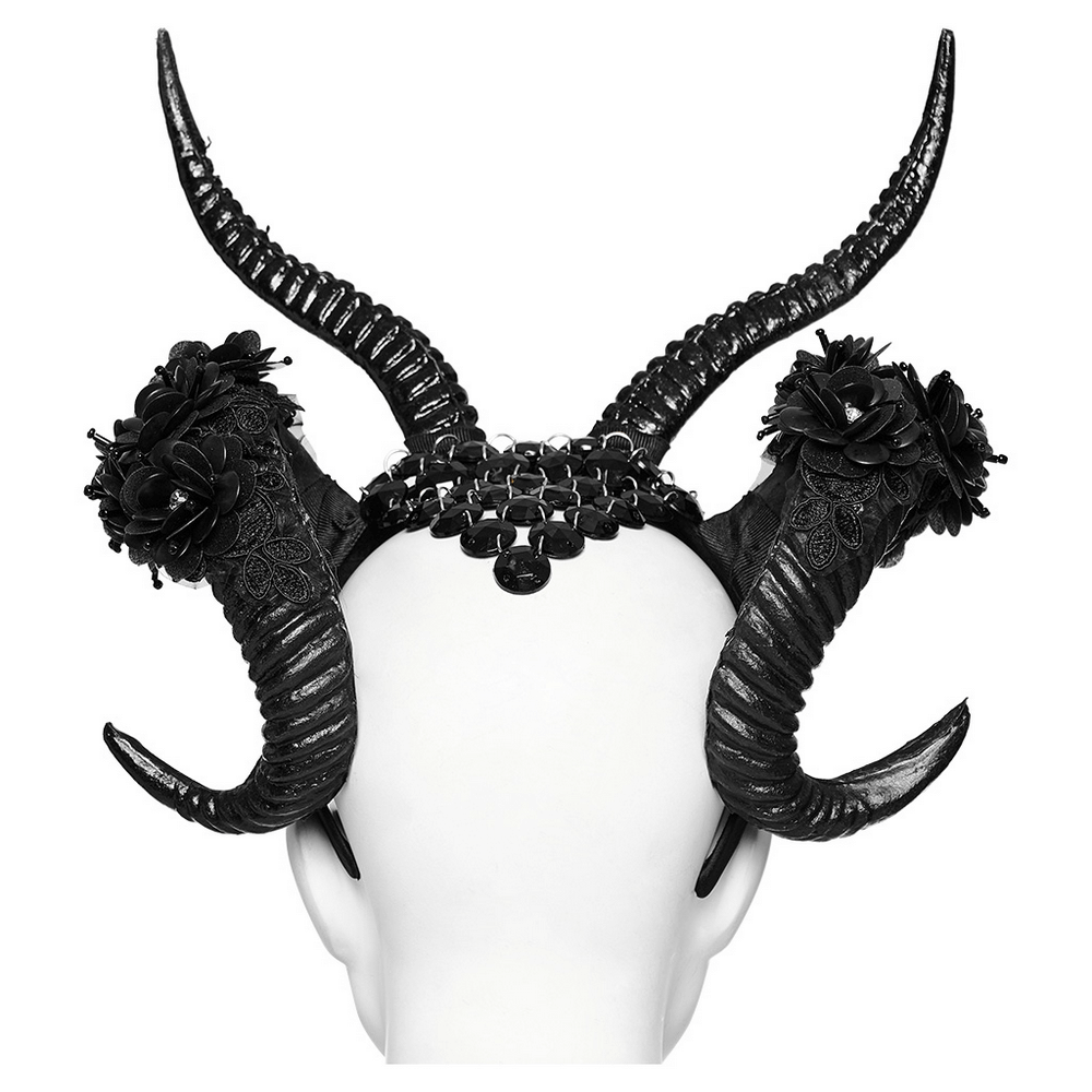 Gothic demon horn headwear featuring glitter flowers and black horns, perfect for cosplay and dark glamour.