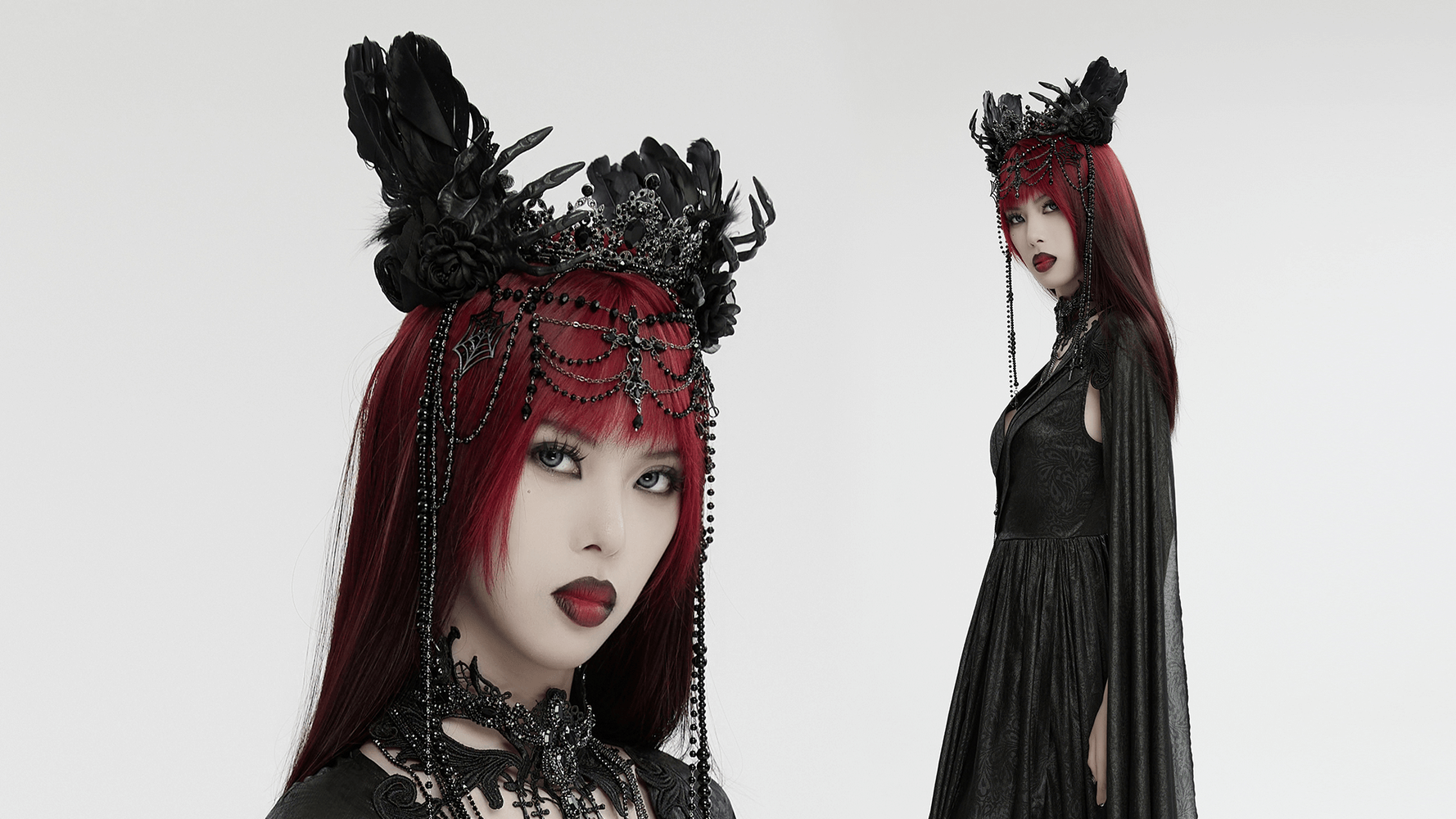 Gothic Demon Metal Crown with Gemstone and Feathers