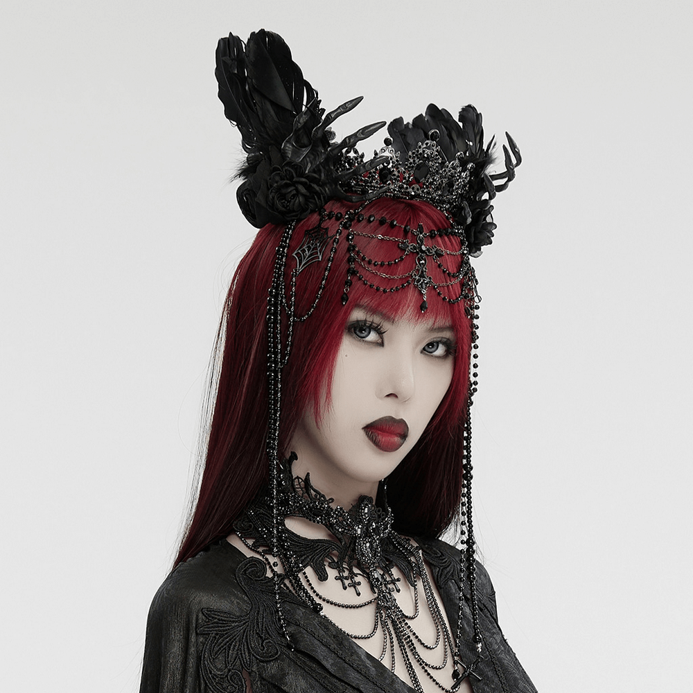 Gothic Demon Metal Crown with Gemstone and Feathers