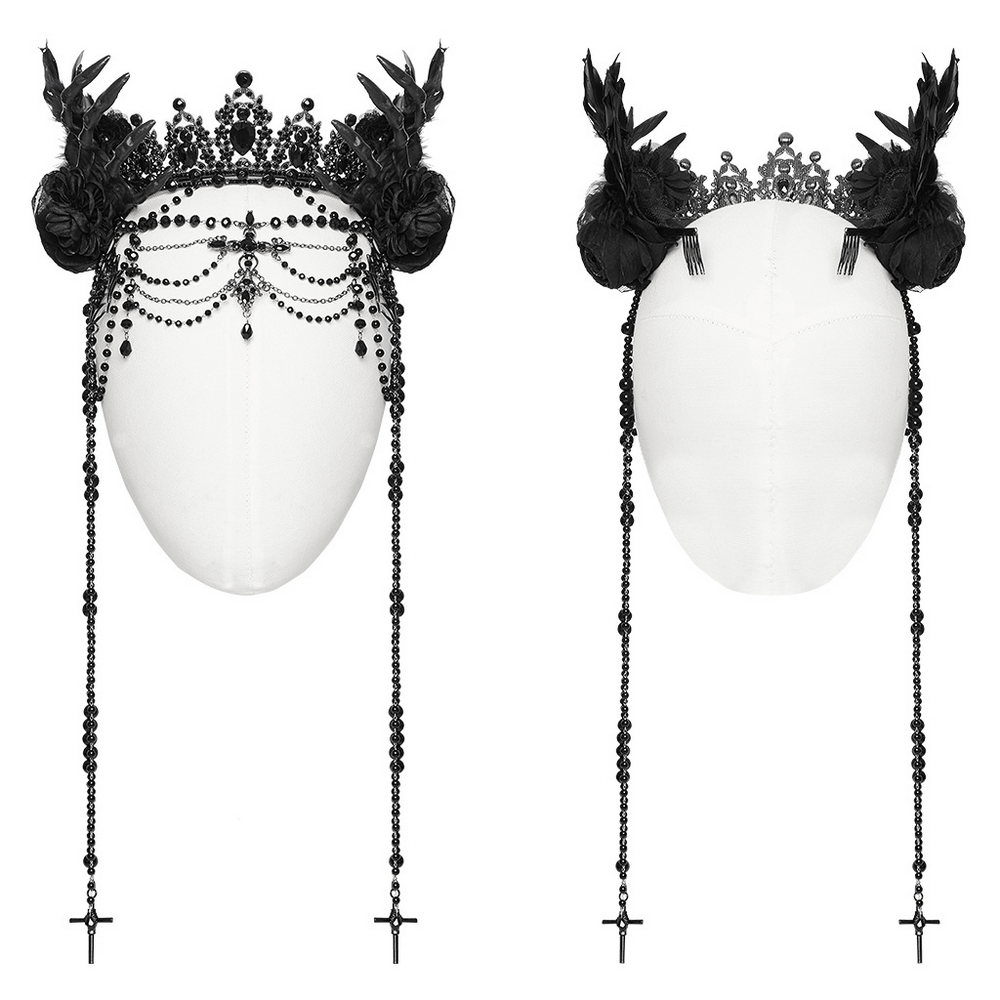 Gothic Demon Metal Crown with Gemstone and Feathers