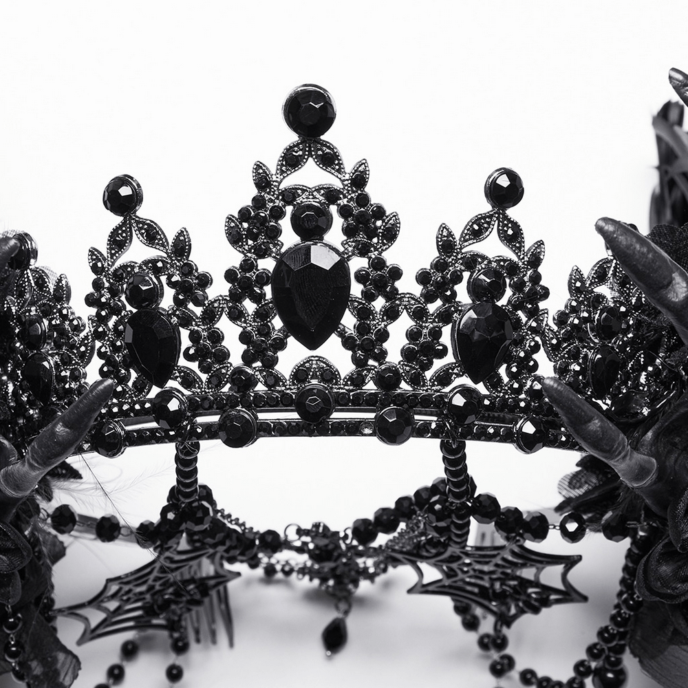 Gothic Demon Metal Crown with Gemstone and Feathers