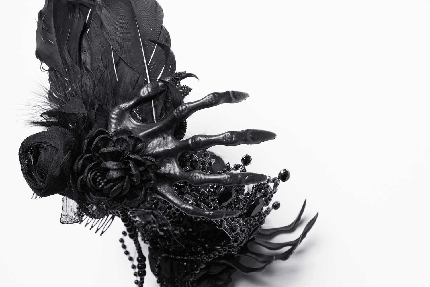 Gothic Demon Metal Crown with Gemstone and Feathers