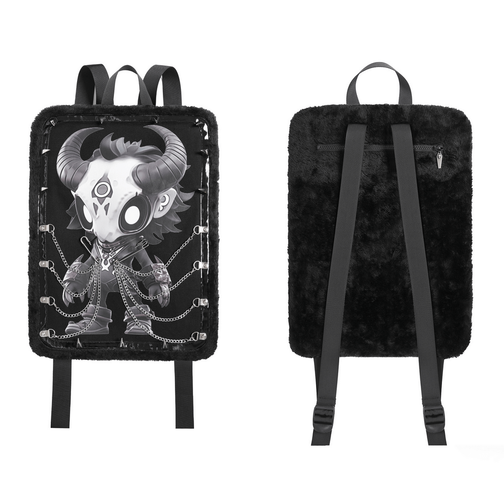 Gothic Demon Skull Backpack with Chains and Fur Trim featuring a unique design and cozy texture.