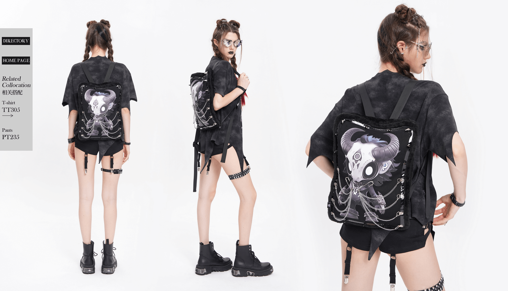 Gothic Demon Skull Backpack with Chains and Fur Trim featured on a model in a stylish outfit.