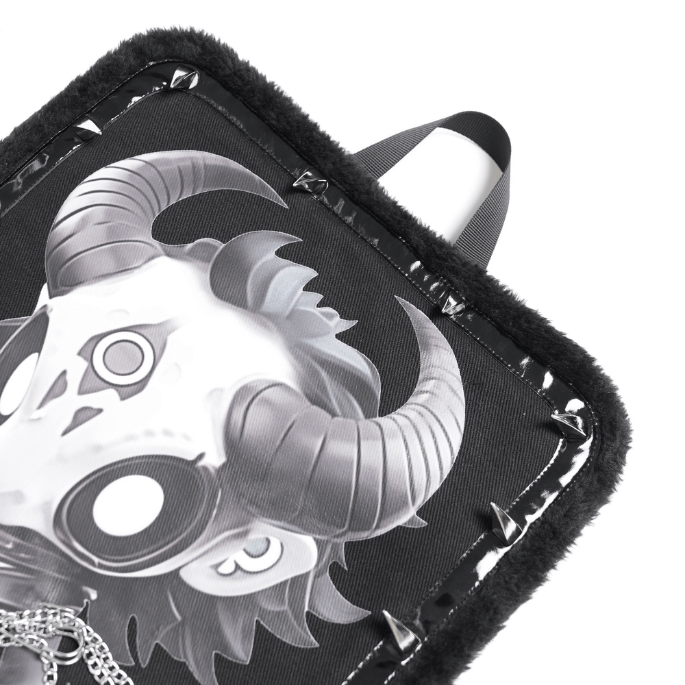 Gothic Demon Skull Backpack with Chains and Fur Trim showcasing a striking skull design.
