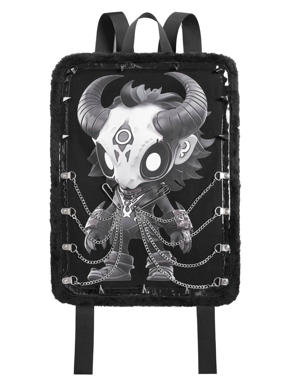 Gothic Demon Skull Backpack with Chains and Fur Trim featuring a playful demon design with horned details.